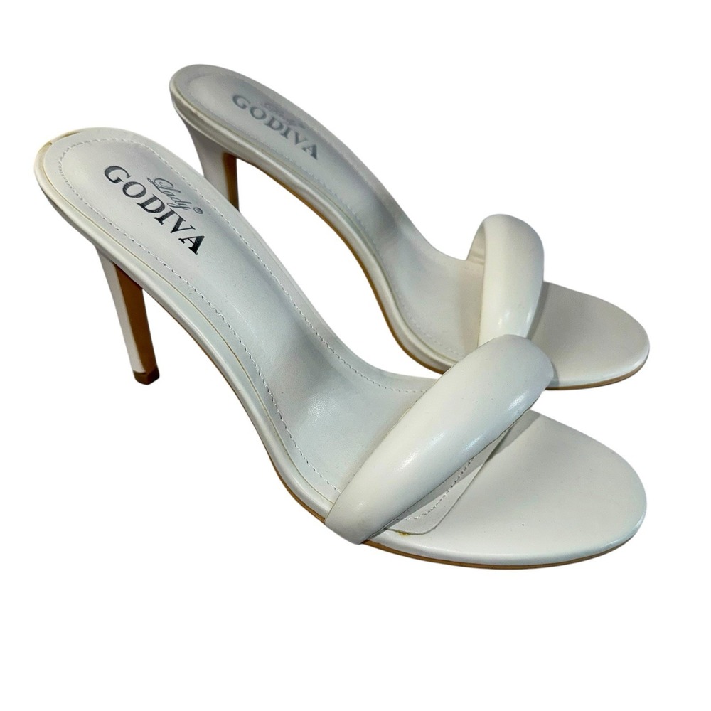Lady Godiva White Stiletto Open Toe Padded FrontStrap Heel Mule Sandals Sz 8 1/2